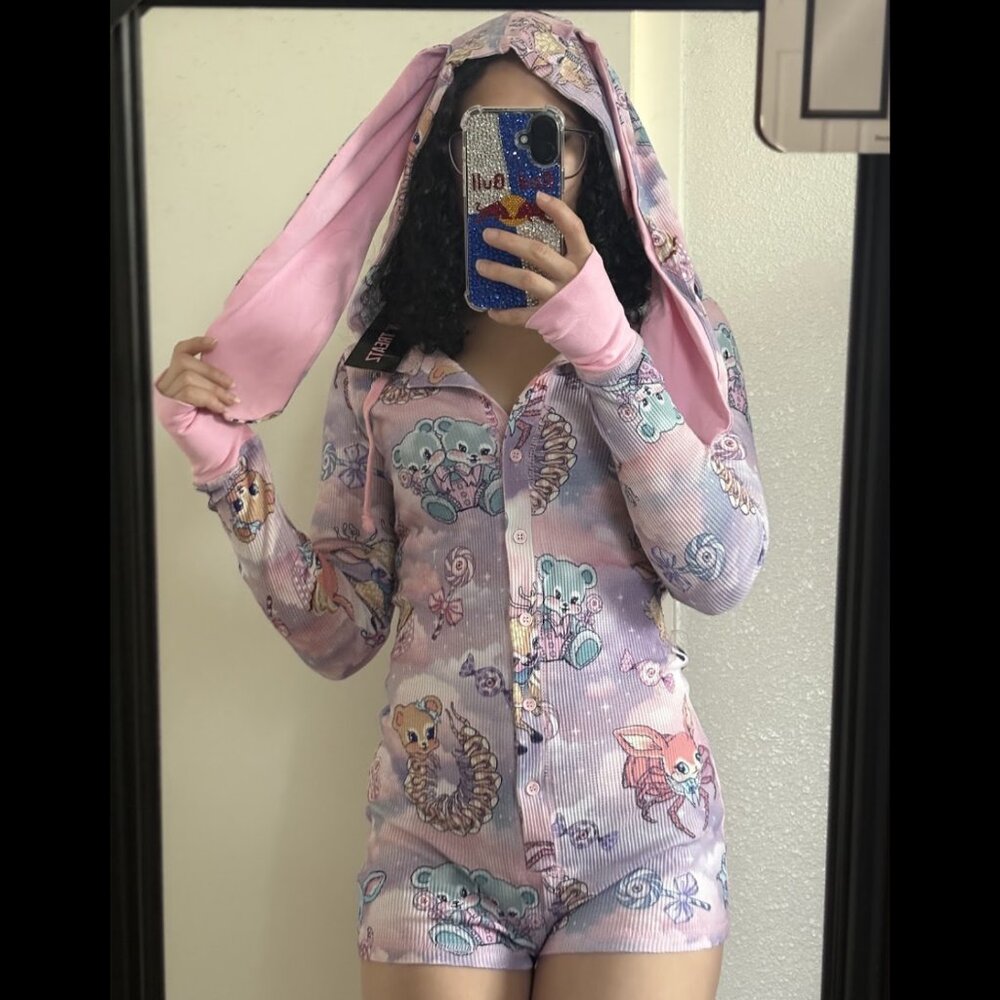 SOLD Dollskill Demented Sweetness Pastel Button up Romper w/ Bunny Ears Hoodie
